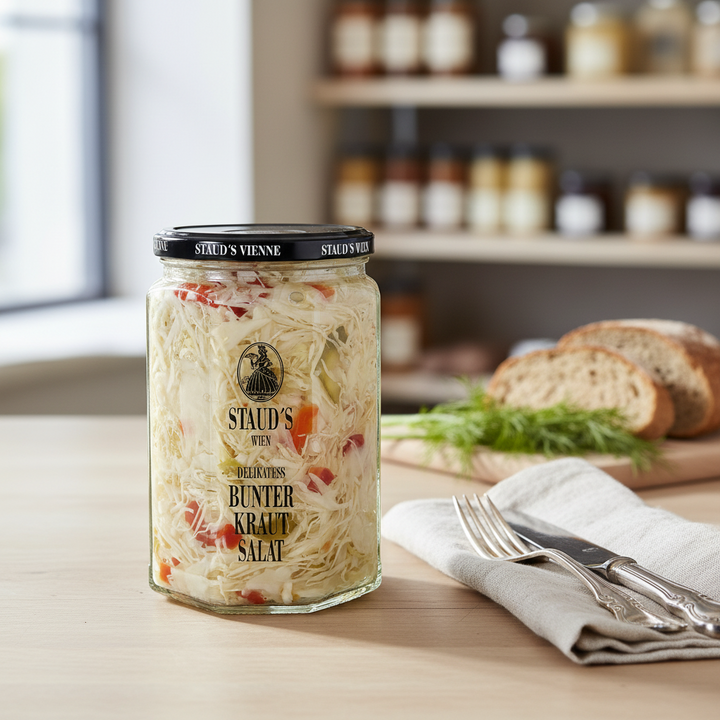 Staud's cabbage salad 314 ml jar displayed with bread