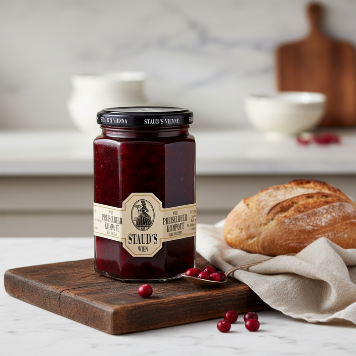 Staud's lingonberry fruit compote 314 ml jar displayed with berries and bread