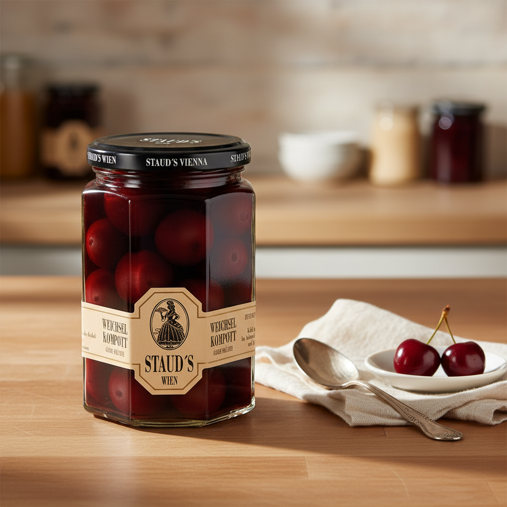 Staud's Sour Cherry Compote jar displayed with fresh sour cherries