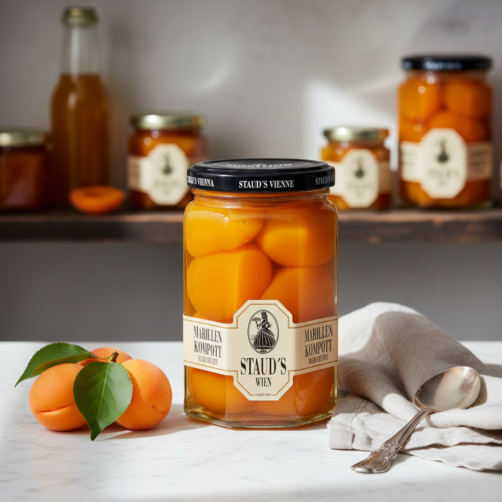 Staud's Marillen Röster apricot compote jar displayed with fresh apricots