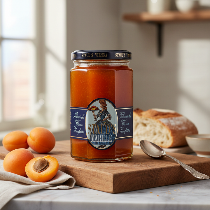 Staud's Apricot Preserves 330 g jar displayed with fresh apricots and bread