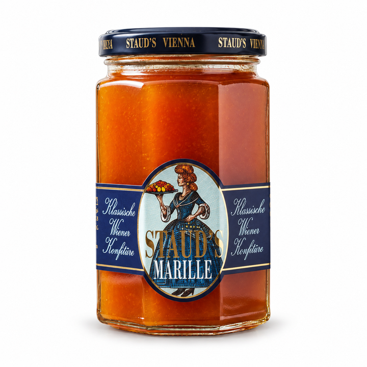 Staud's Apricot Preserves jar on a white background