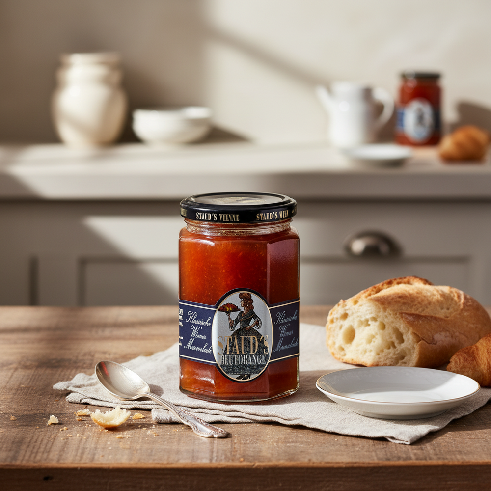 Staud's Blood Orange Preserves 330 g jar displayed with bread