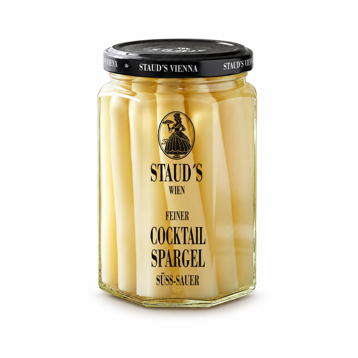 Staud's cocktail asparagus, 314 ml jar on white