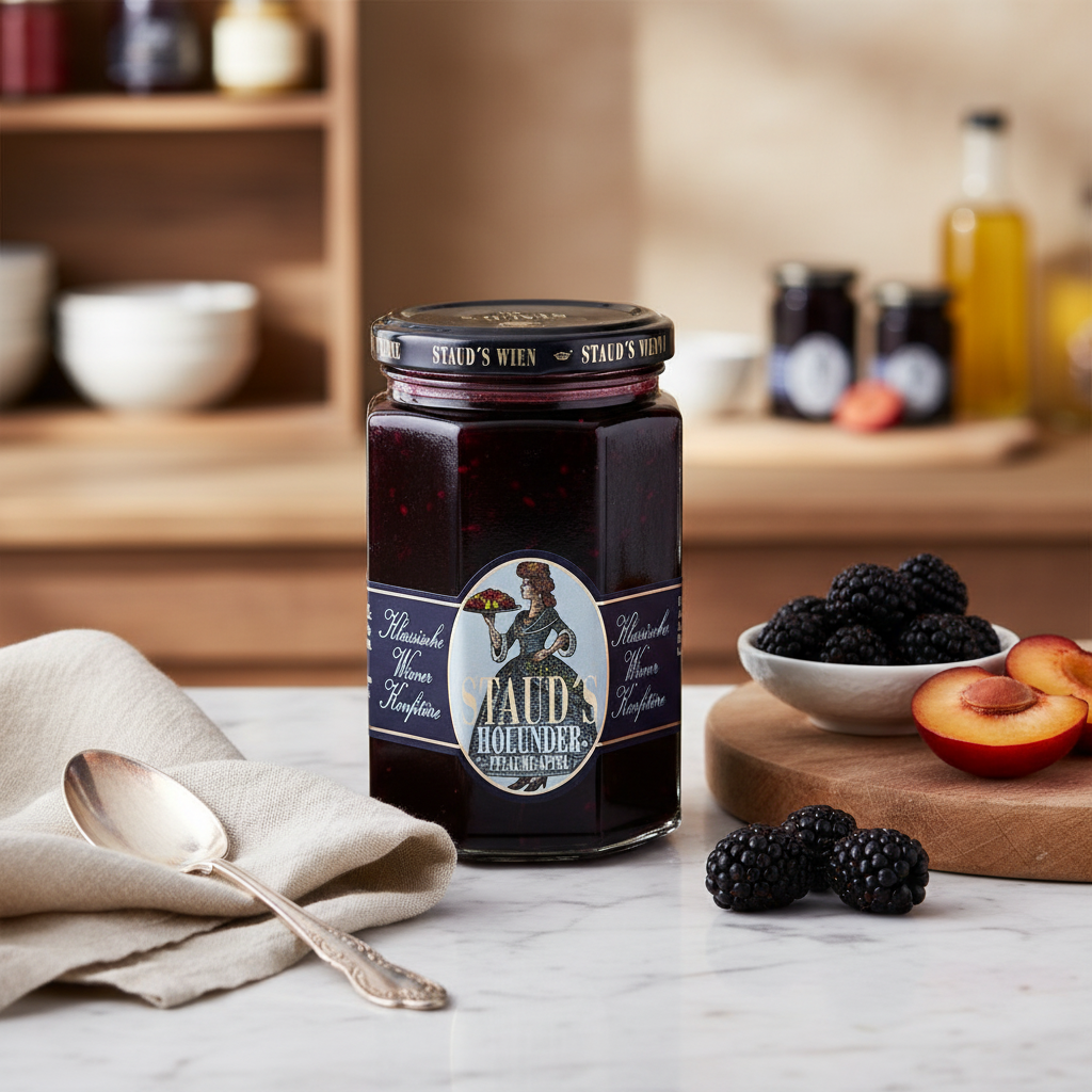 Staud's Elderberry Plum Apple Preserves 250 g jar displayed with blackberries and plum