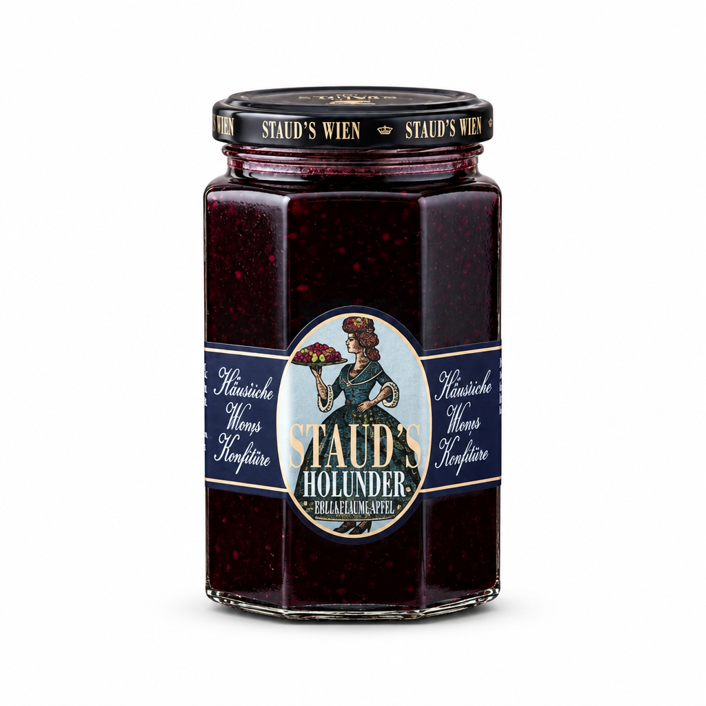 Staud's Elderberry Plum Apple Preserves 250 g jar on a white background