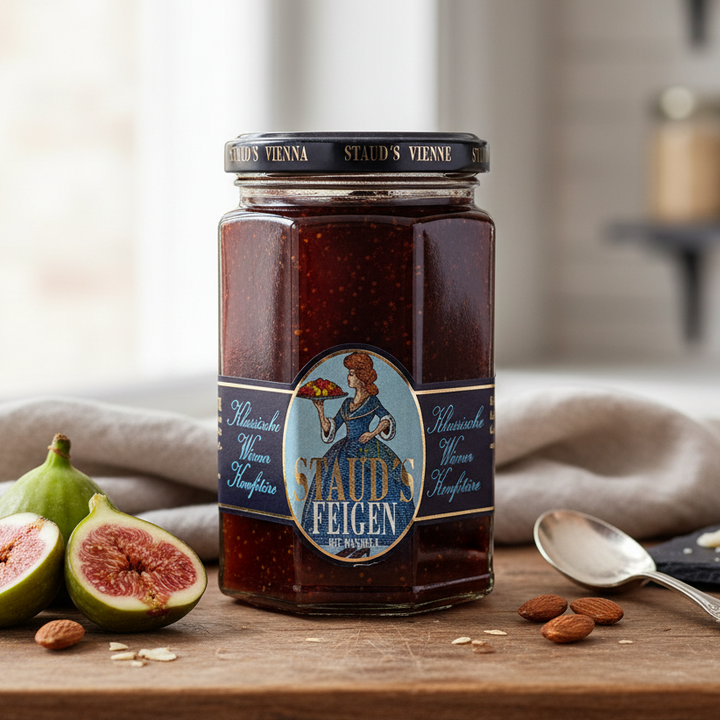 Staud's Green Fig with Almond Preserves jar displayed with figs and almonds