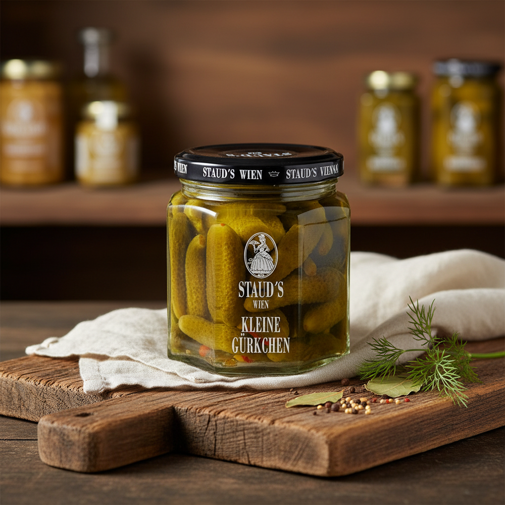 Staud's Kleine Gherkins 228 ml jar displayed on a wooden board