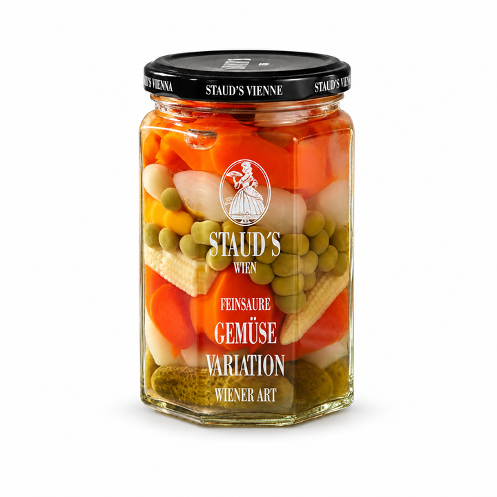 Staud's mixed vegetables, 280 g jar on white