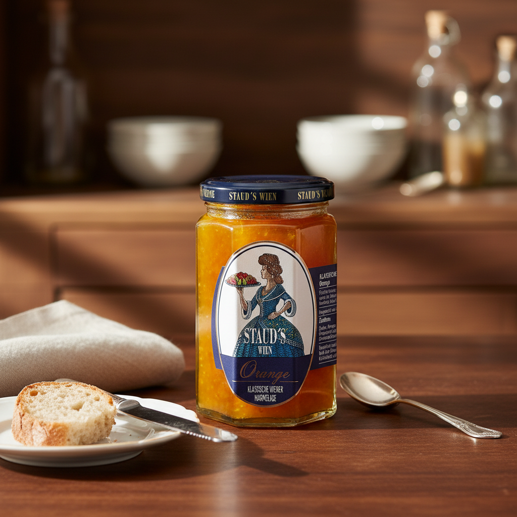 Staud's Orange Marmalade 330 g jar displayed with bread