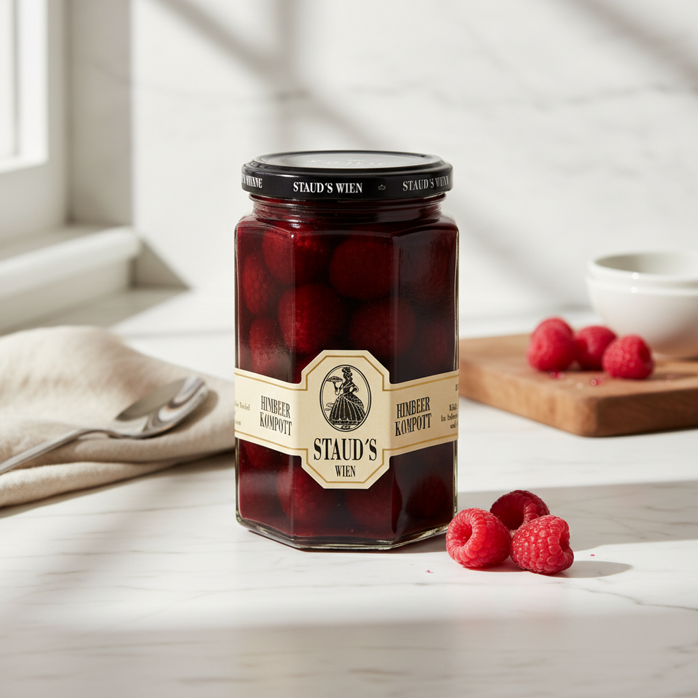 Staud's raspberry fruit compote 314 ml jar displayed with fresh raspberries