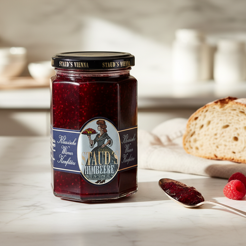 Staud's Raspberry Preserves 330 g jar displayed with bread and raspberries