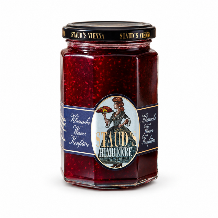Staud's Raspberry Preserves jar on a white background