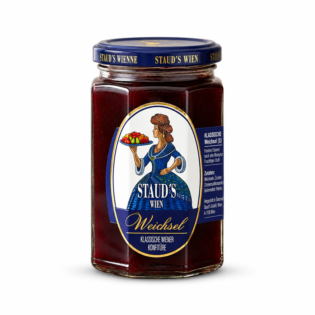Staud's Sour Cherry Preserves product packaging centered on a white background