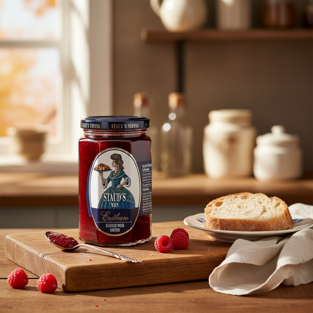 Staud's Strawberry Preserves 330 g jar displayed with bread and strawberries
