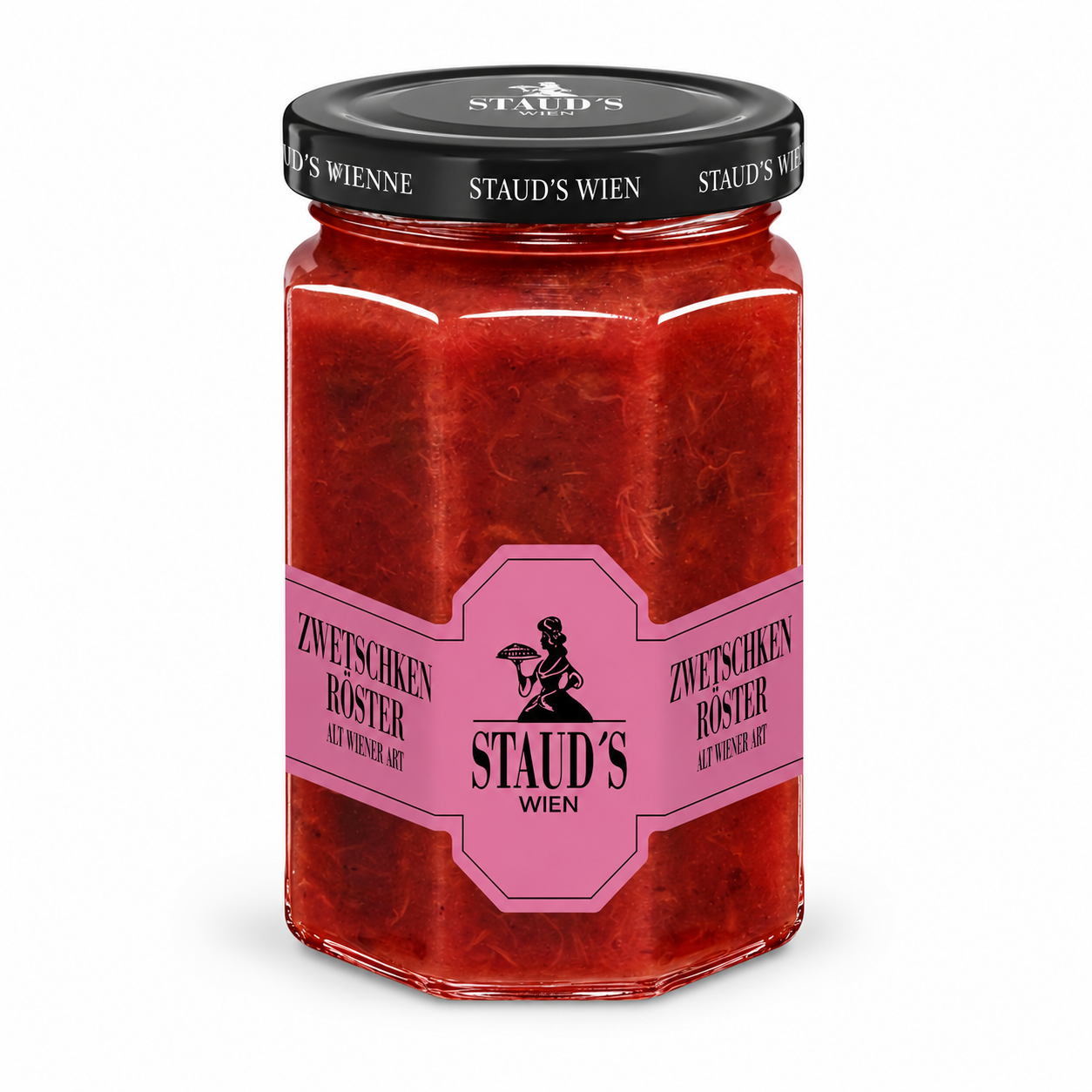Staud's Zwetschken Röster plum compote 314 ml jar on a white background