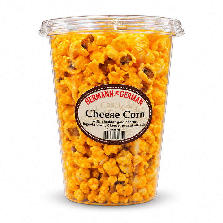 Sweet Castle cheese popcorn in a clear lidded container on a white background