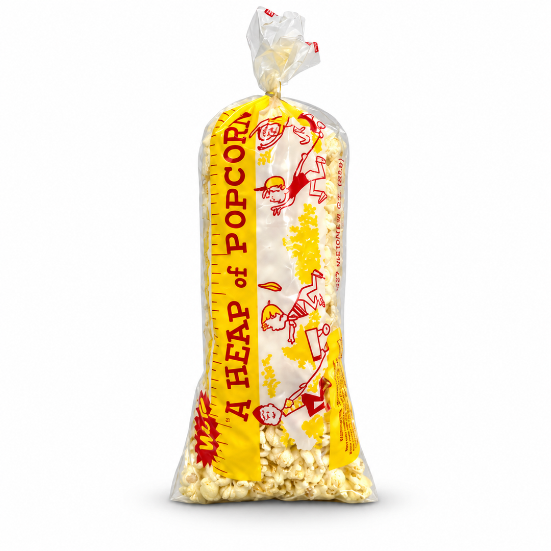 Sweet Castle kettle corn in a tall popcorn bag on a white background