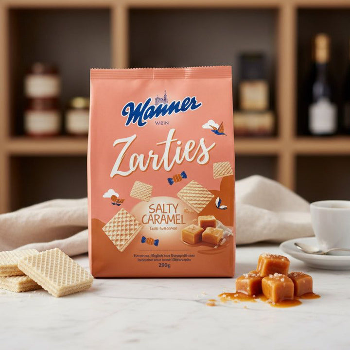 Manner Zarties Salty Caramel wafers, 200 g box with wafers and caramel pieces