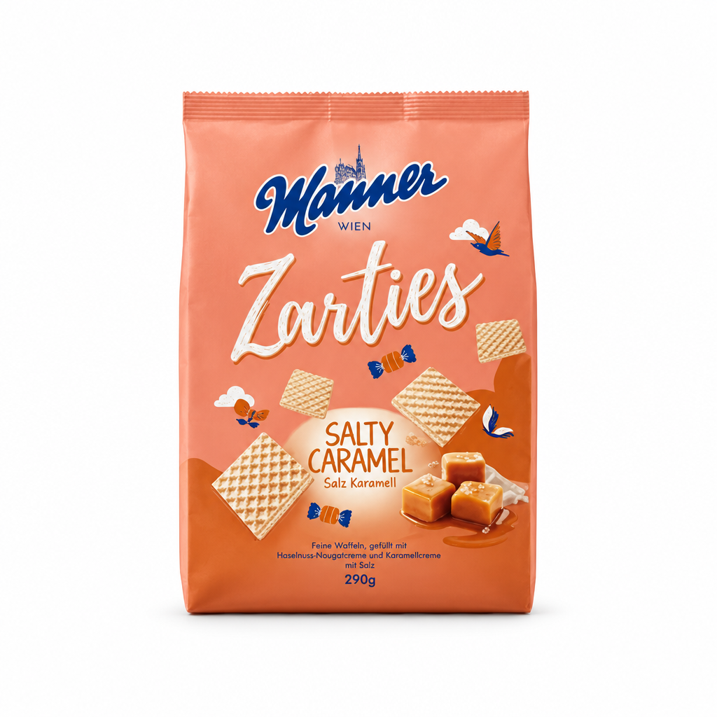 Manner Zarties Salty Caramel wafers, 200 g package, front view