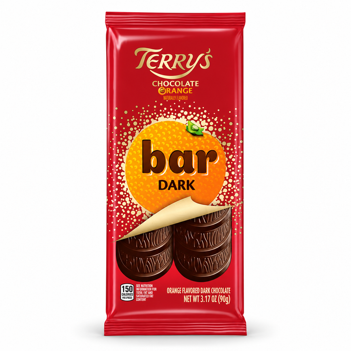 Terry's Dark Chocolate Orange Bar, 90 g red package, front view on a white background
