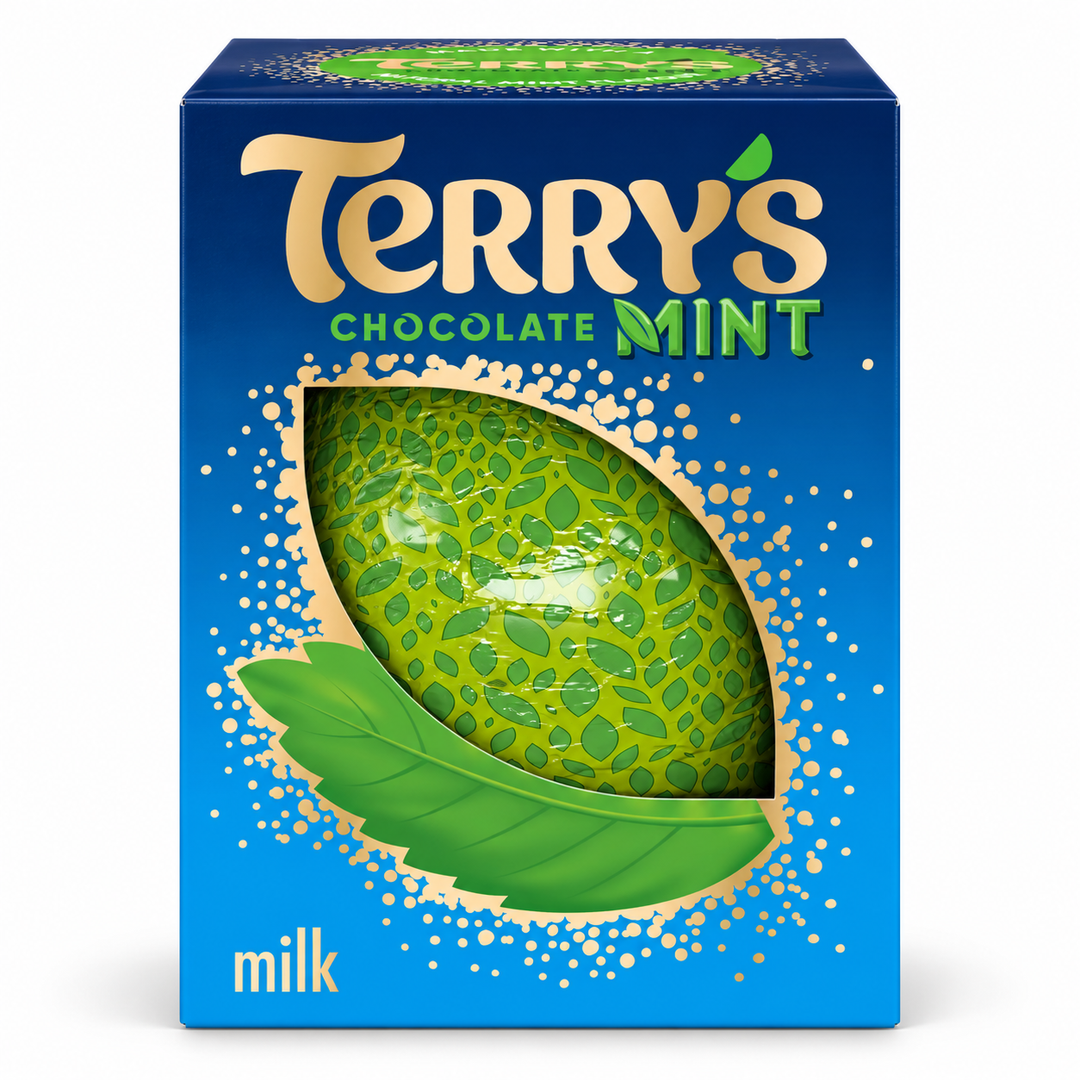 Terry's Milk Chocolate Mint Ball, 145 g blue box, front view on a white background