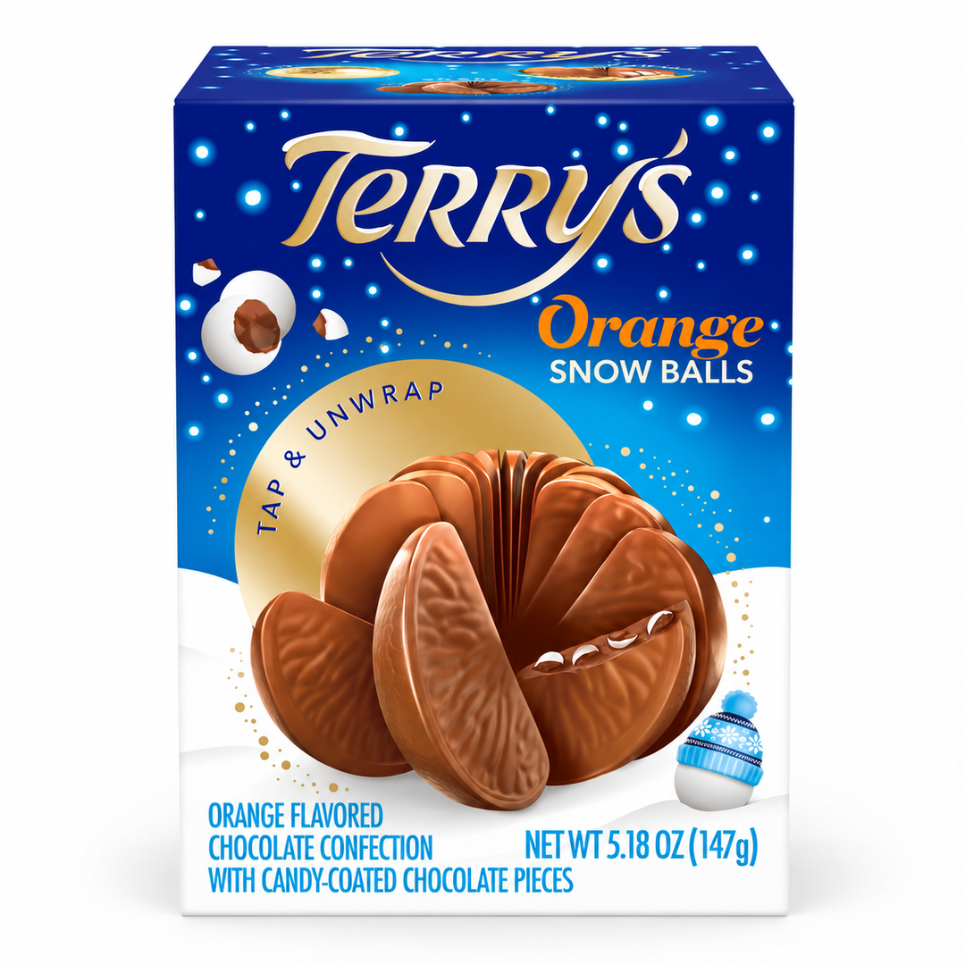 Terry's Milk Chocolate Orange Snow Balls, 147 g blue box on a white background