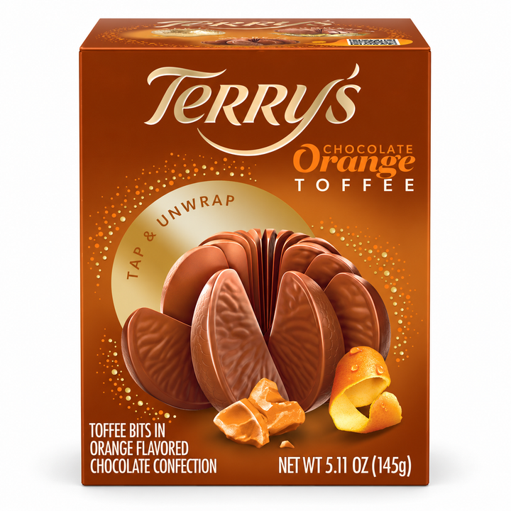 Terry's Chocolate Orange Toffee Crunch, 145 g brown box, front view on a white background