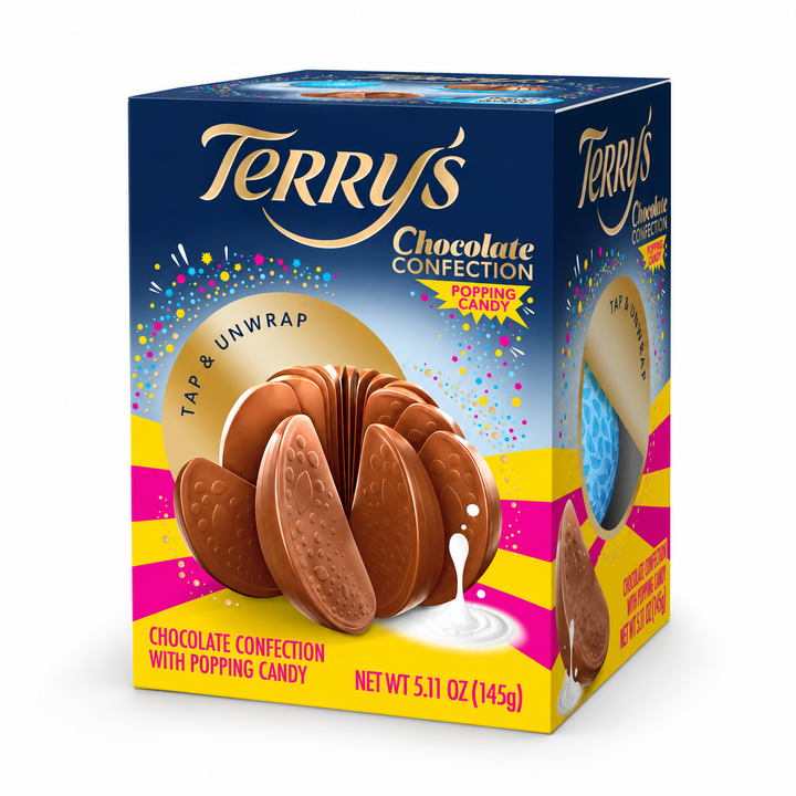 Terry's Milk Chocolate Orange Popping Candy, 145 g box angled on white