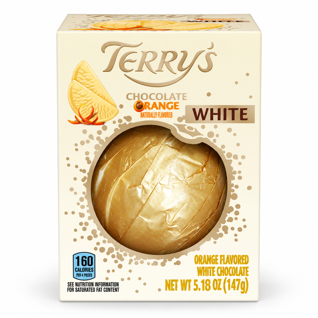 Terry's White Chocolate Orange, 147 g cream box, front view on a white background