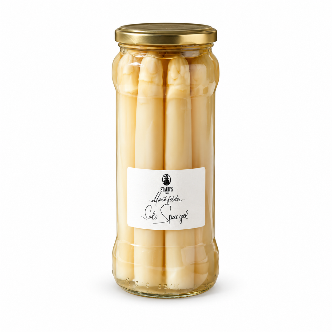 Staud's Marchfeld White Solo Asparagus, 560 g jar, front view