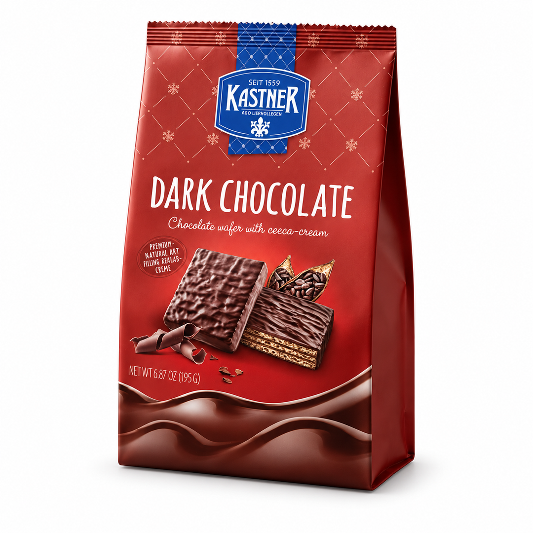 Kastner Dark Chocolate wafers 195 g bag, front view