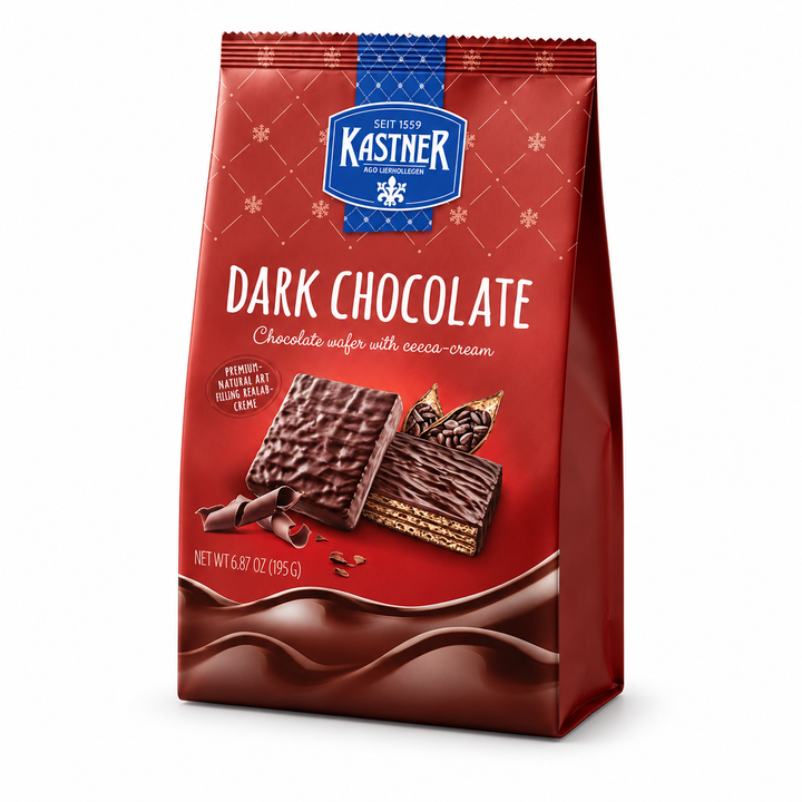 Kastner Dark Chocolate wafers 195 g bag, front view