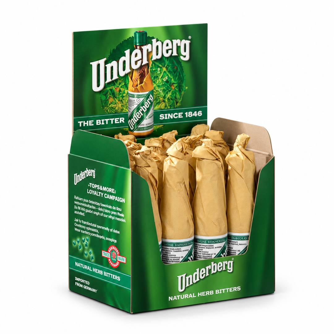 Underberg Herbal Bitters, 12 Bottle Pack, 3 Bottle Pack, Single Bottle product packaging centered on a white background