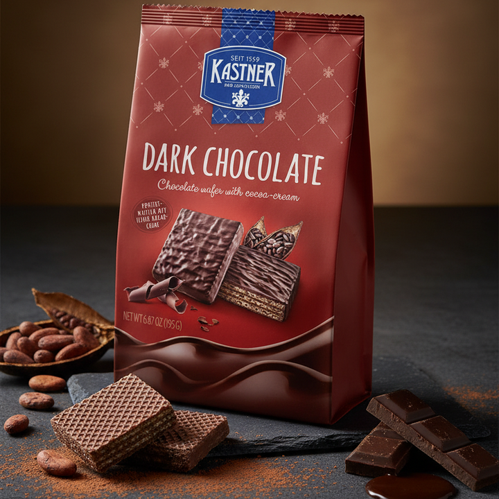 Kastner Dark Chocolate Wafers, 195 g red package with wafers and chocolate pieces