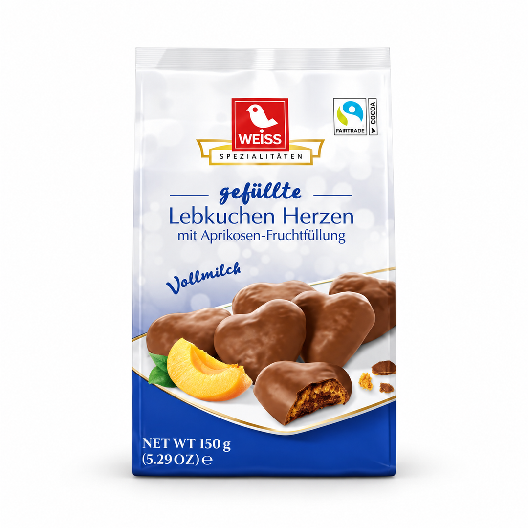Weiss milk chocolate gingerbread hearts with apricot filling 150 g bag