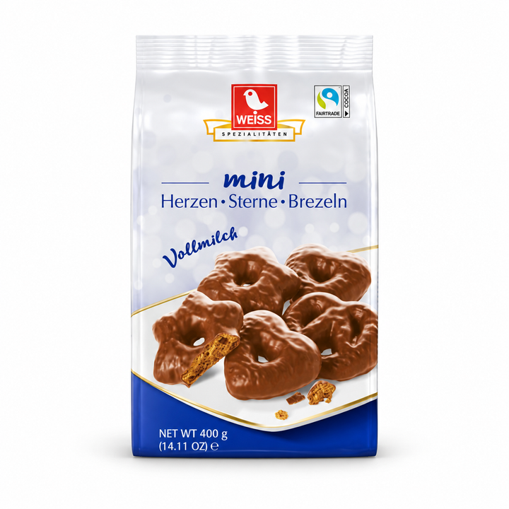 Weiss mini milk chocolate gingerbread hearts, stars and pretzels in a blue and white bag on a white background