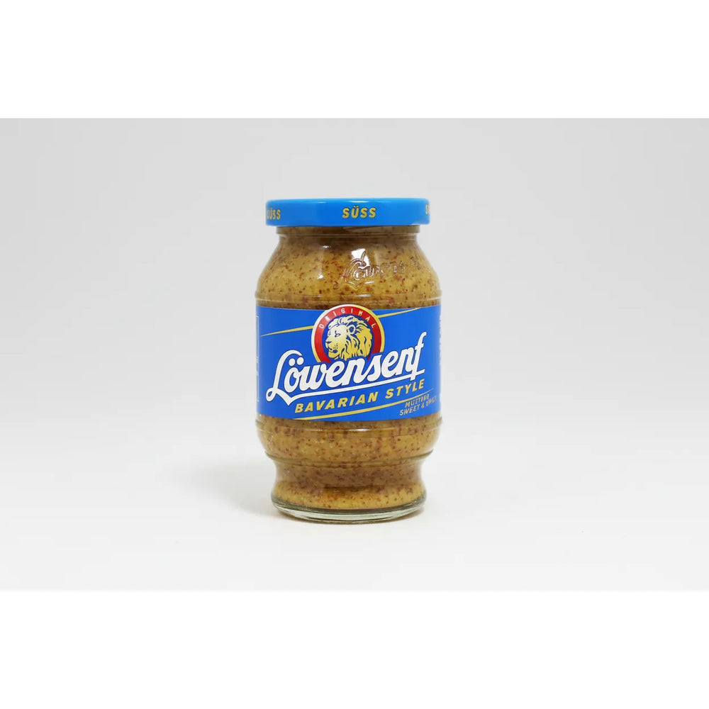 Jar of Löwenstein Bavarian Style mustard with blue lid and label on a white background