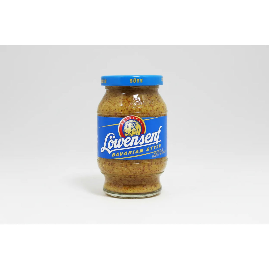 Jar of Löwenstein Bavarian Style mustard with blue lid and label on a white background