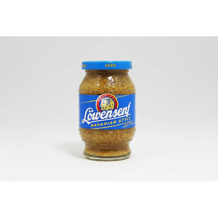 Jar of Löwenstein Bavarian Style mustard with blue lid and label on a white background
