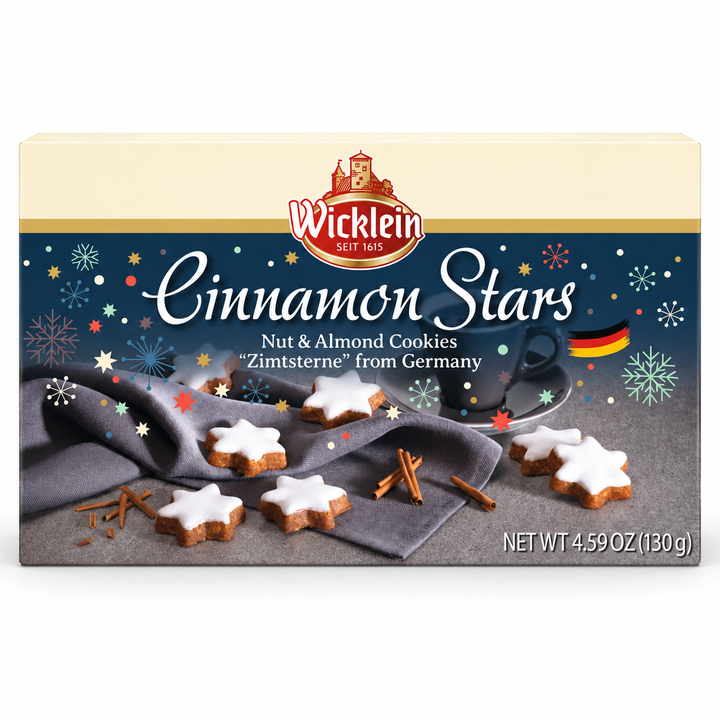 Wicklein Zimtsterne Cinnamon Star Cookies product packaging centered on a white background