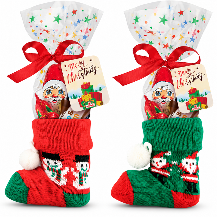 Windel Christmas Stocking with Assorted Figures in Red or Green centered on a pure white background