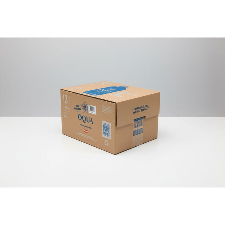 OQUA Super Sparkling alpine water 12-bottle shipping carton on white