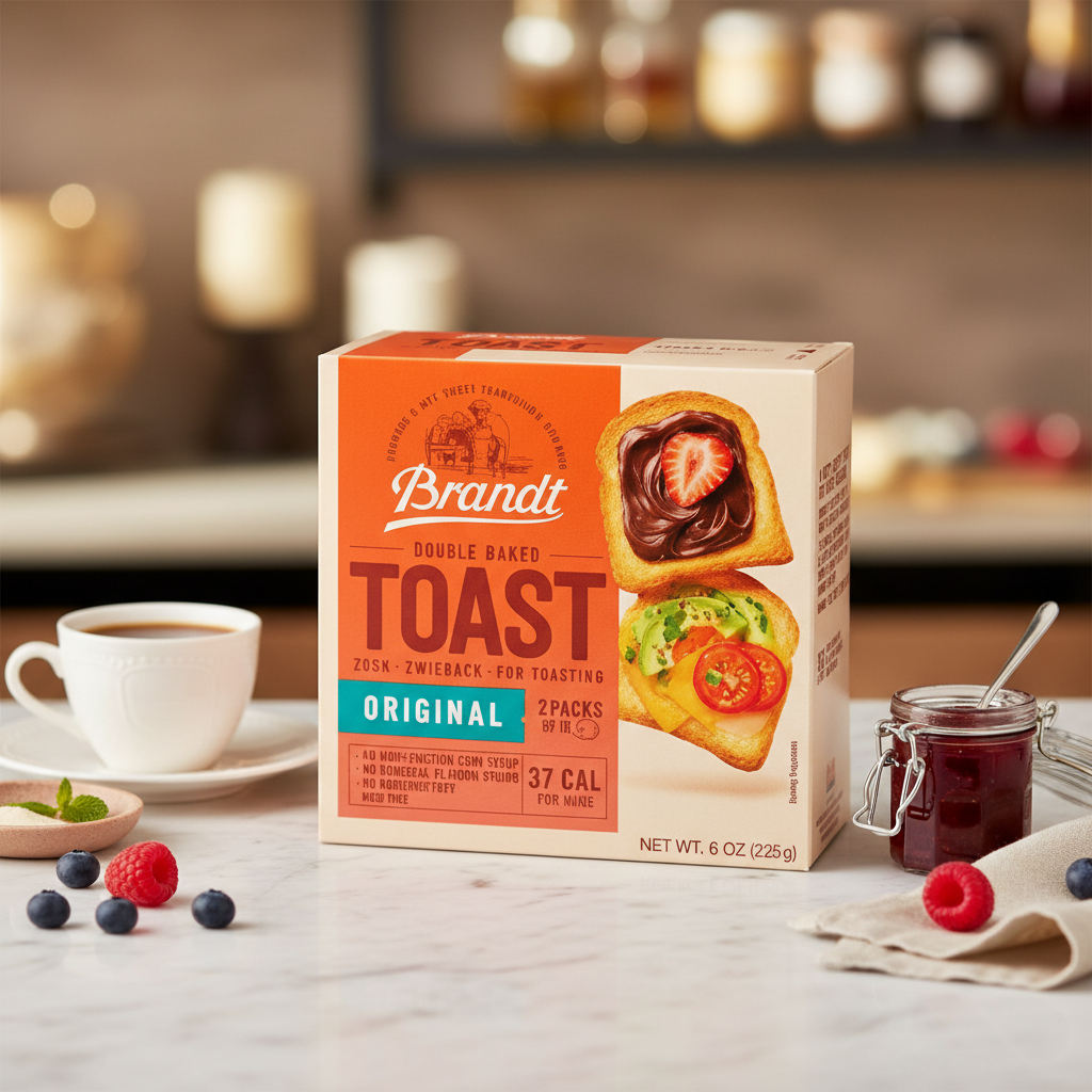 Box of Brandt Toast with images of toast and tomato on a white background