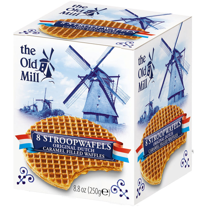 The Old Mill caramel stroopwafels decorative box, angled view