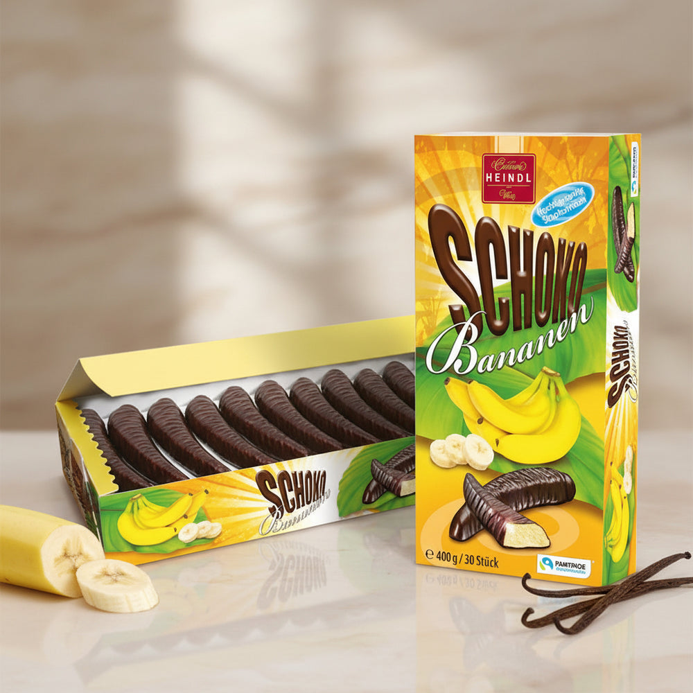Heindl Schoko Banana 400 g package displayed with sliced banana