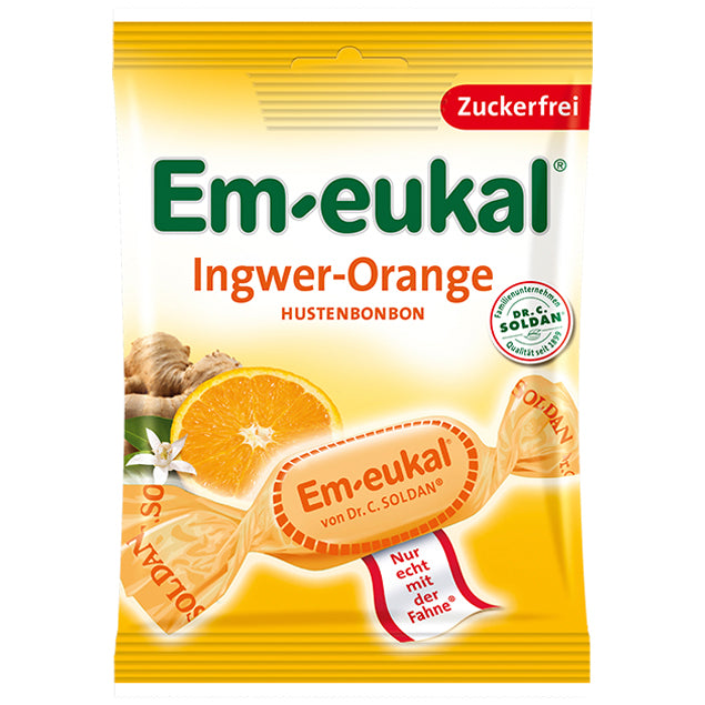 Em-eukal Ginger Orange Sugar-Free Lozenges 75 g bag, front view