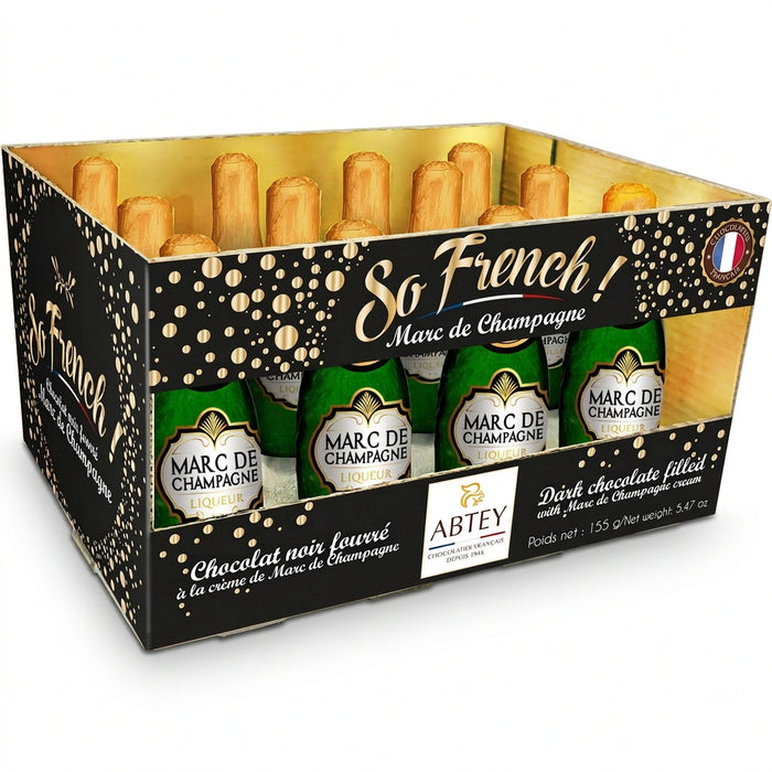 Abtey Chocolatier Dark Chocolate Bottles w Marc de Champagne Liqueur in "So French" Crate