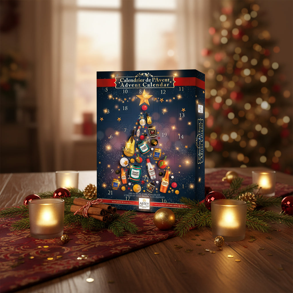 Abtey Magic of Christmas 270 g Advent calendar in a candlelit holiday setting