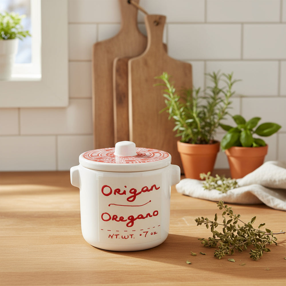 Anysetiers du Roy oregano ceramic pot with herbs in a kitchen scene